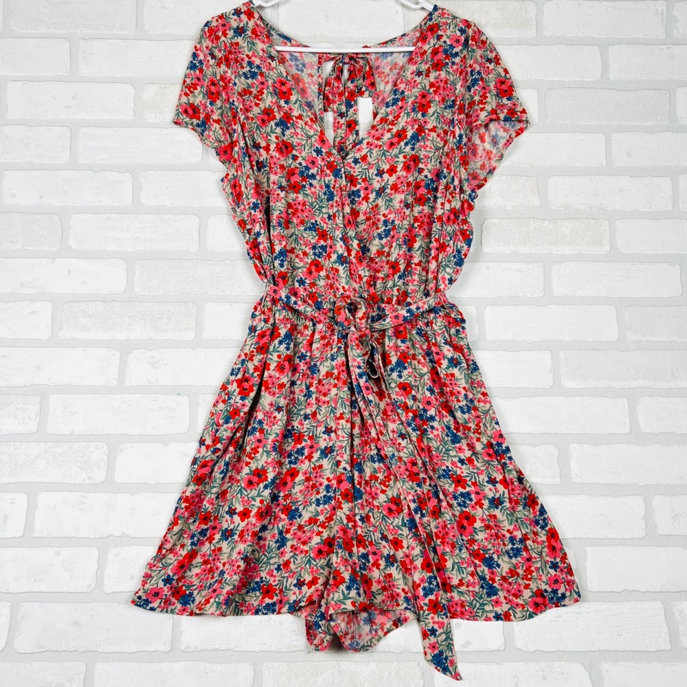 Am Eagle Floral V-Neck Romper w/ Tie Waist and Keyhole Back Red Pink Blue Cream